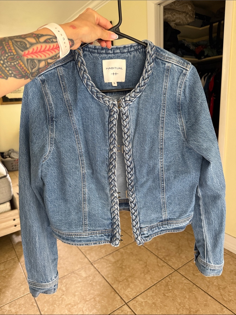 Habitual Light Blue Braided-Trim Cropped Denim Jacket